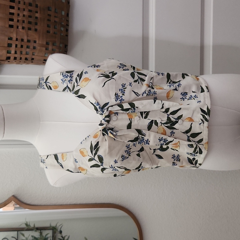 Floral Tie-Front Tank Top - White with Yellow & Green
